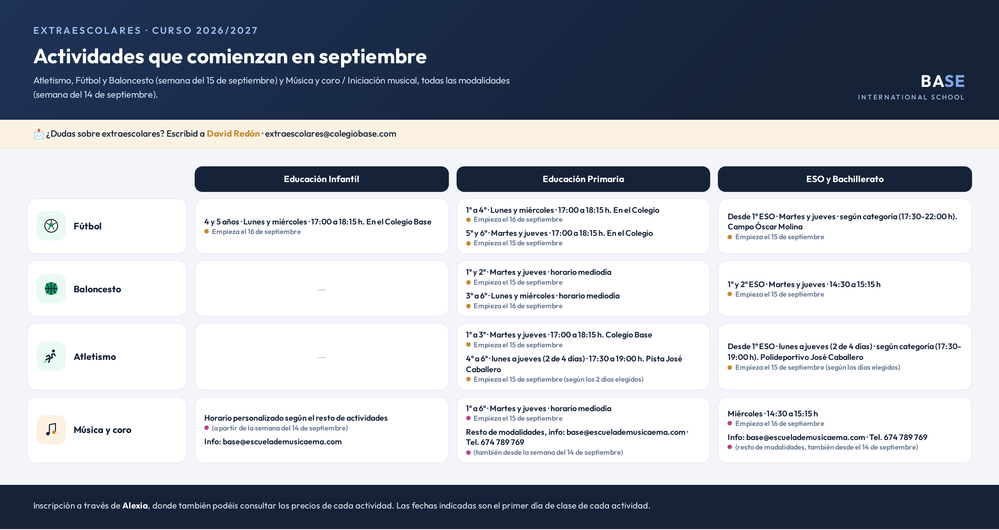 Horarios de actividades extraescolares de septiembre